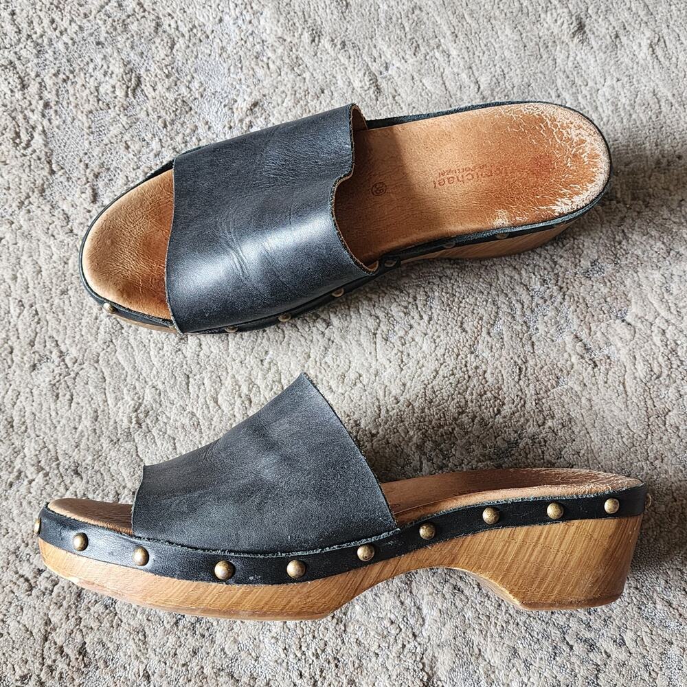Eric Michael Women's EU 38 US 7 Leather Sandals Black Slides Wood Studded Shoes